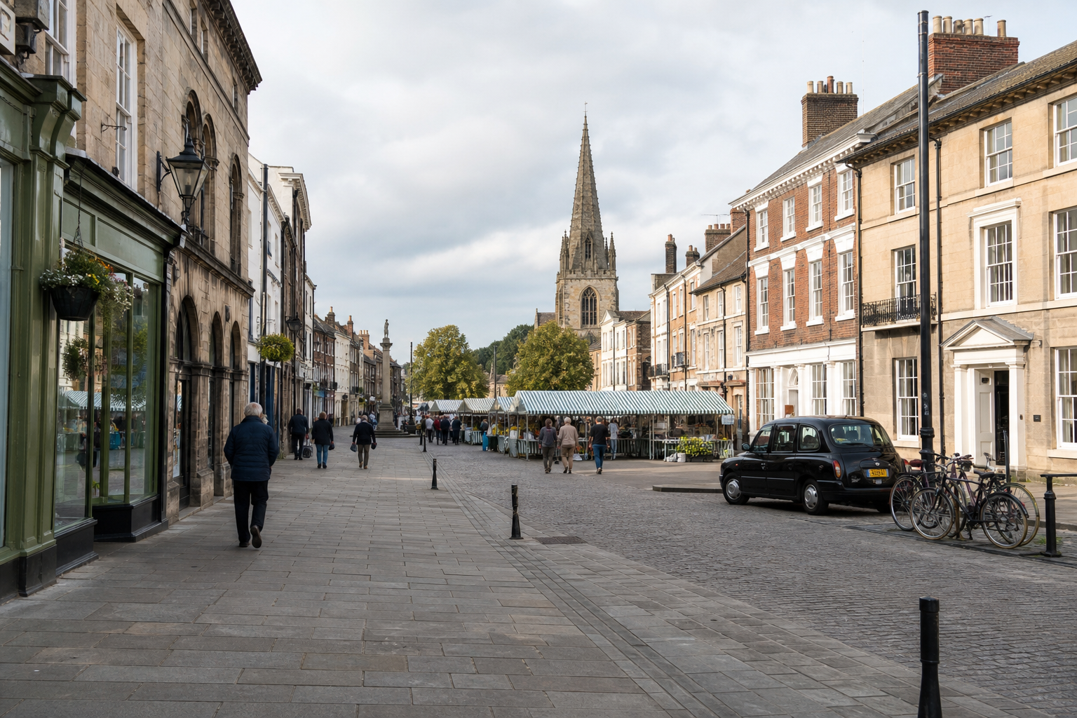 A bustling market day on a cobbled English street, lined with historic buildings and dominated by a church spire in the distance.