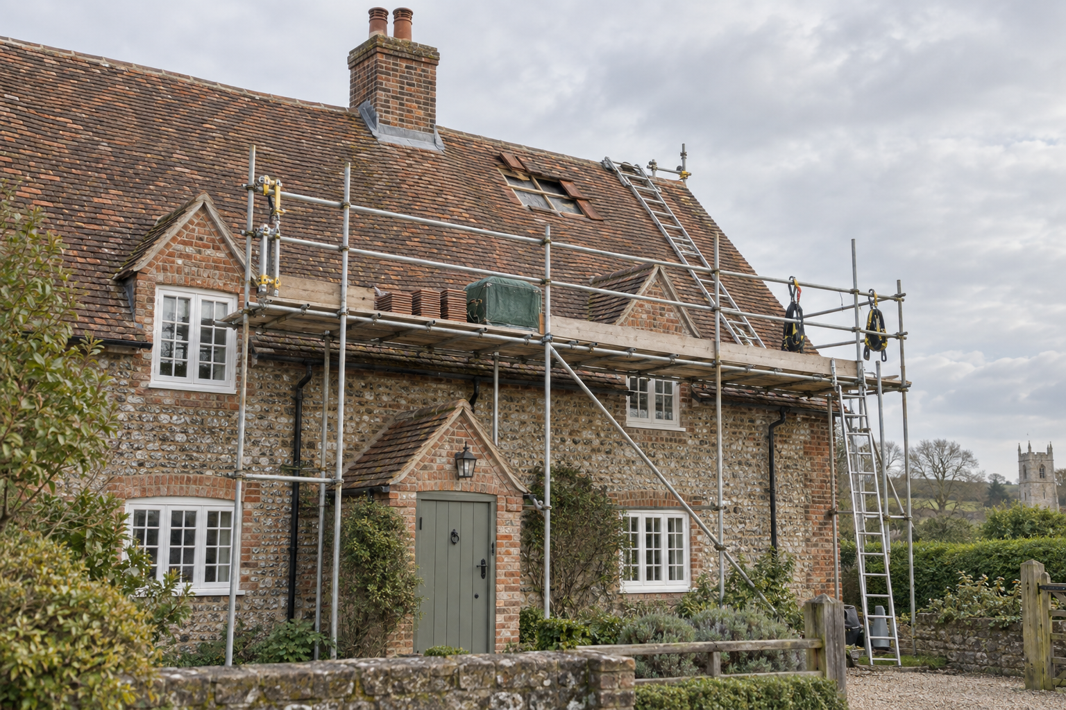 Scaffolding set up on a traditional stone house under cloudy skies, with ladders and construction materials visible on the
