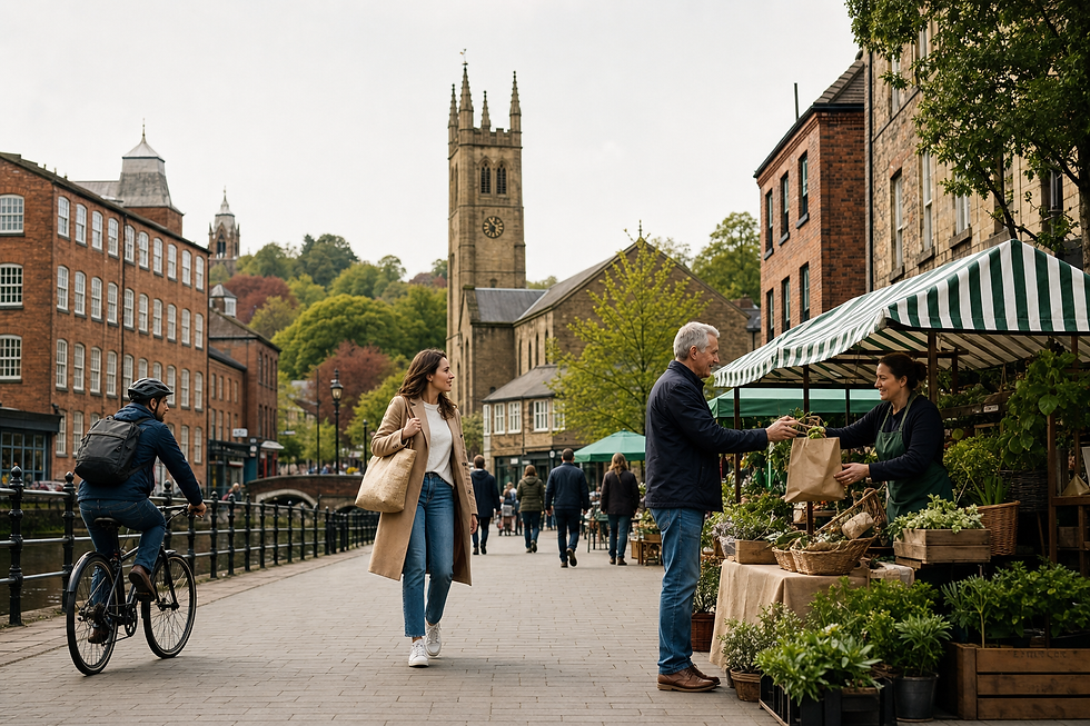 A man purchases plants from a market stall on a scenic street with a church tower in the background.