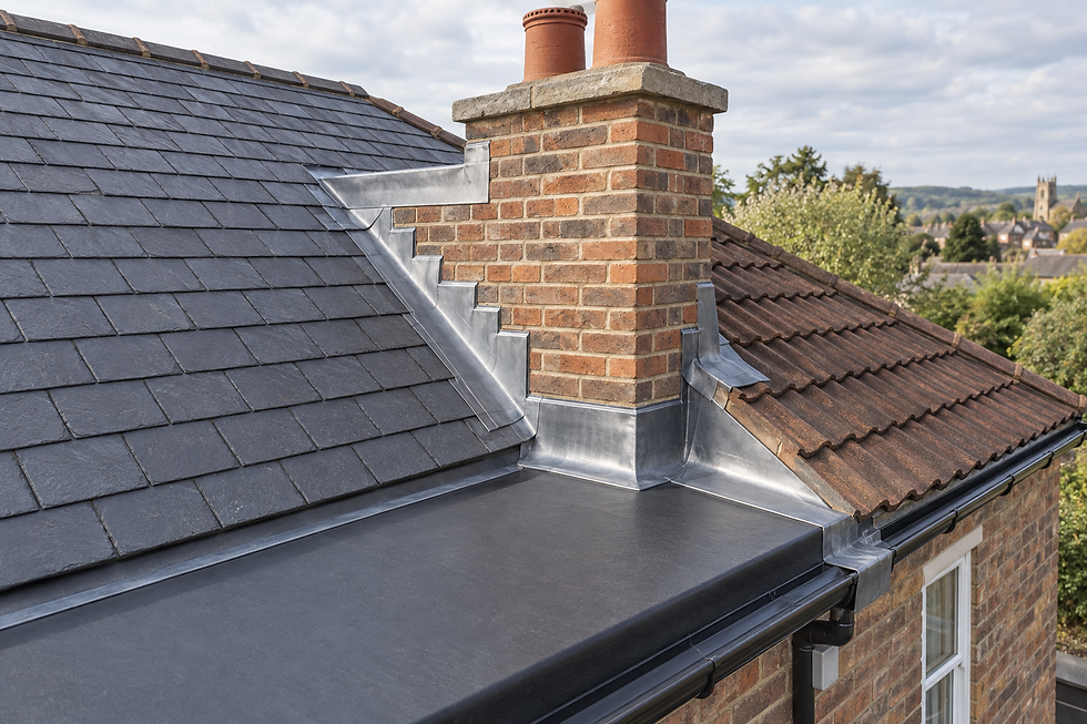 A brick chimney with lead flashing on a roof featuring slate and red tiles, against a backdrop of trees and distant