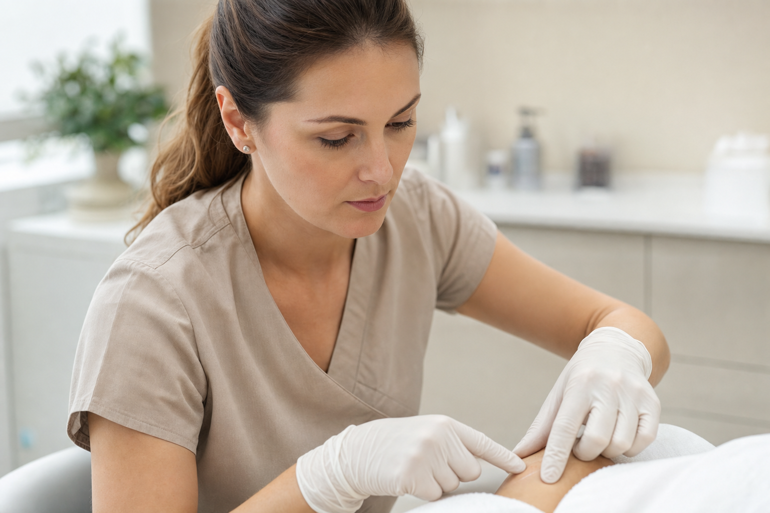 Aesthetician in gloves performing a skincare treatment on a client's face in a clinical setting.