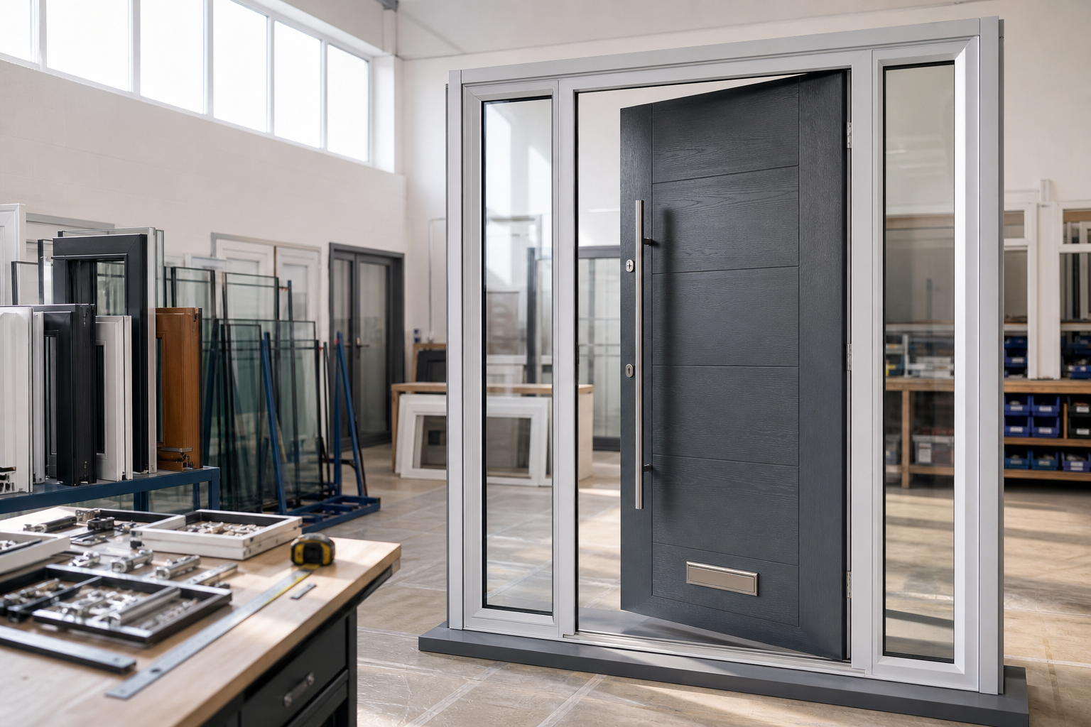 Modern black door with glass panels displayed in a workshop.