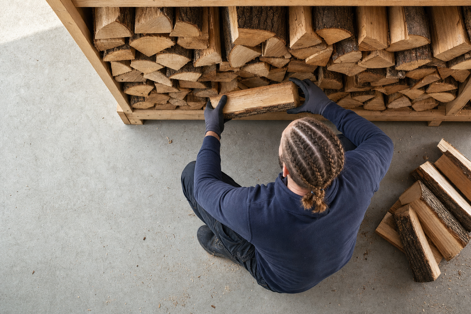 Person with braided hair stacking logs in a wooden rack on a concrete floor.