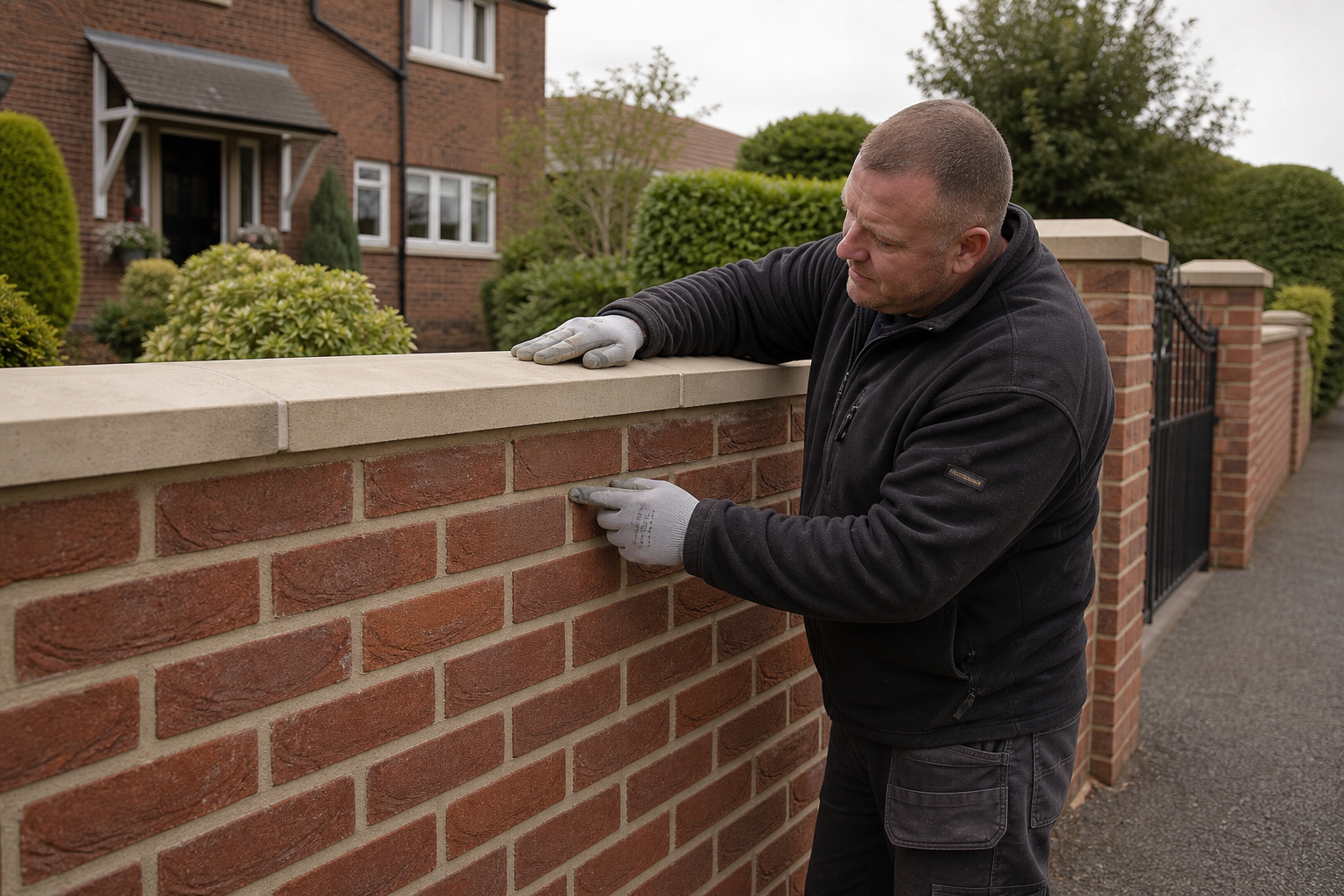 Man in gloves pointing a brick wall outside a suburban house.