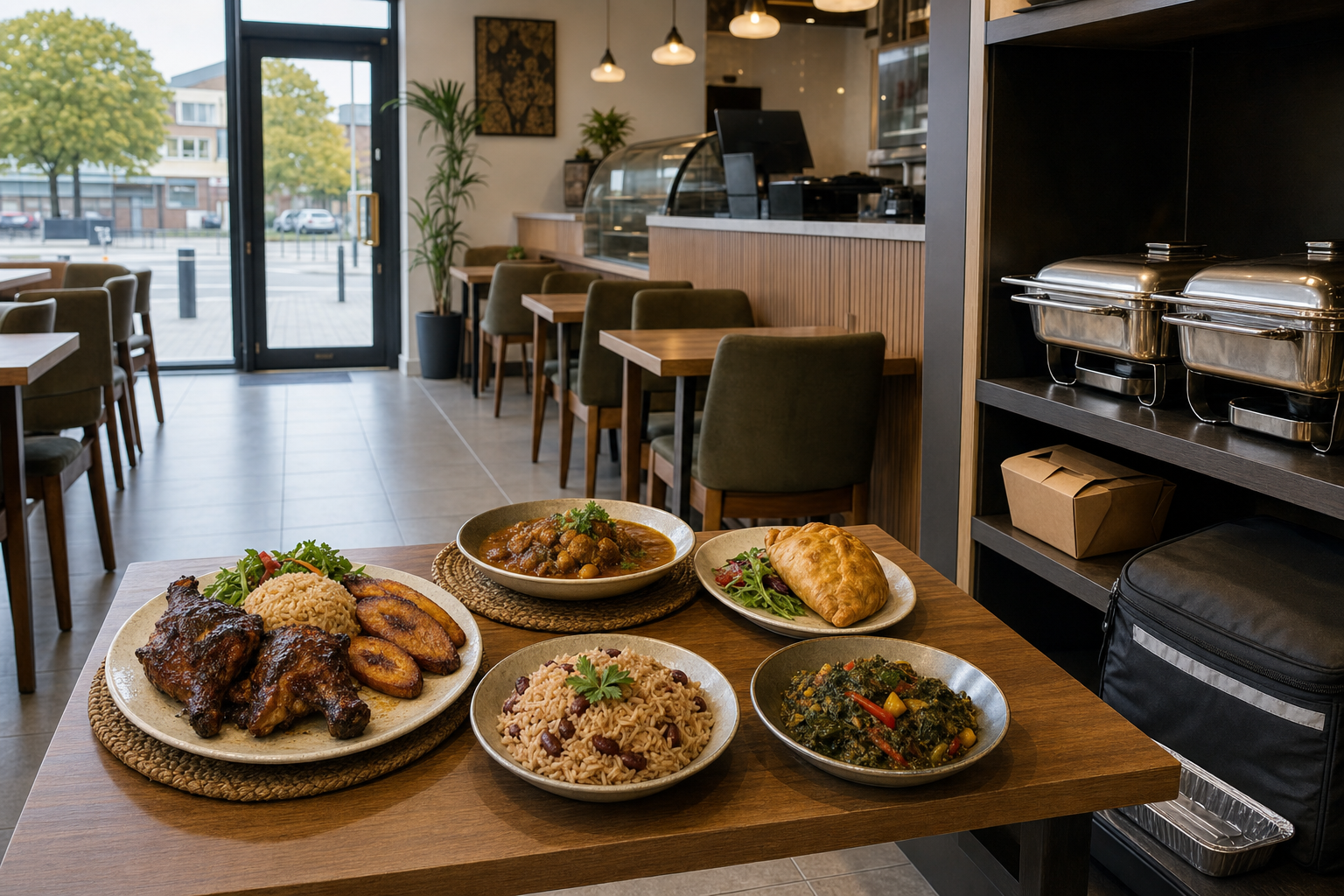 A variety of Caribbean dishes including jerk chicken and rice on a table in a cosy restaurant setting.