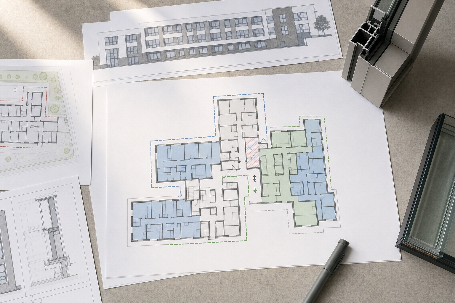 Architectural floor plans and a building elevation drawing on a table with structural materials.