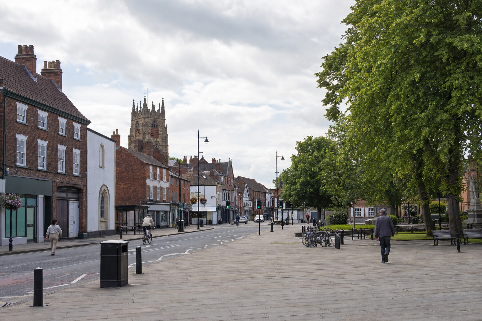 A quiet town street with historic buildings and a church tower in the background, lined with trees and benches.
