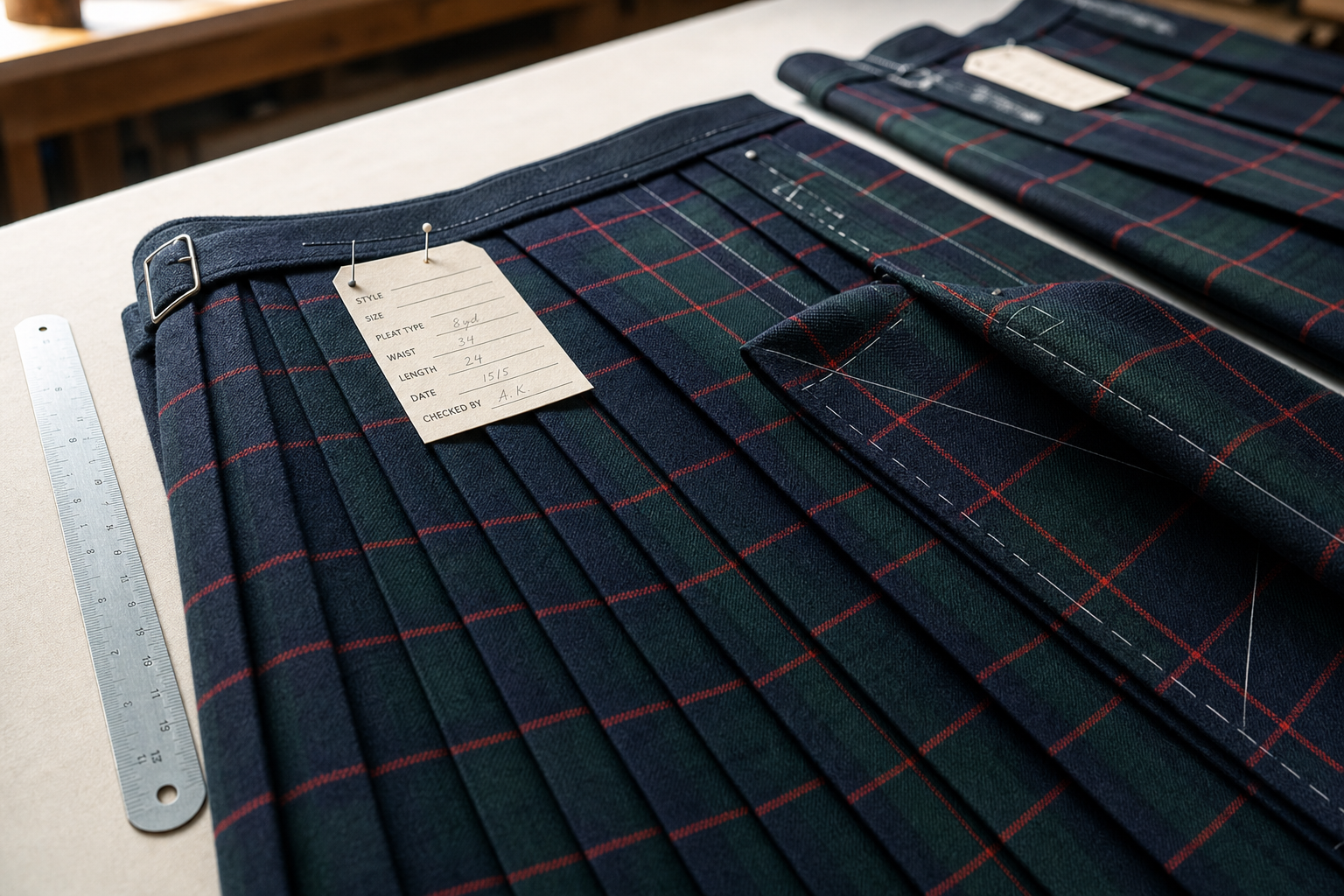 Two folded tartan kilts with measurement notes lie on a table, alongside a metal ruler.