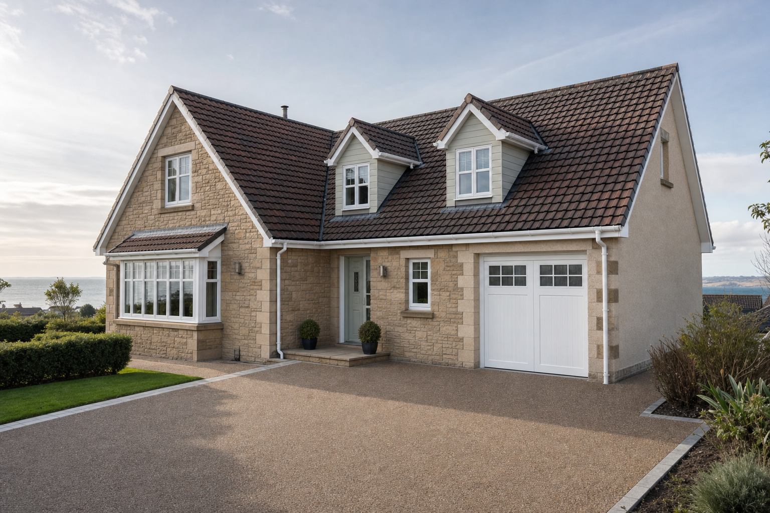 Modern detached house with a brick facade and gabled roof nestled in a suburban setting on a sunny day.