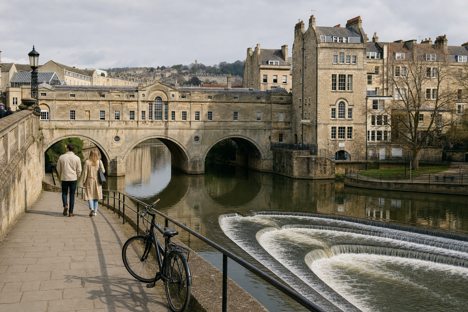 Two people walking along a riverside path with a bicycle nearby and a historic arched bridge in the background.