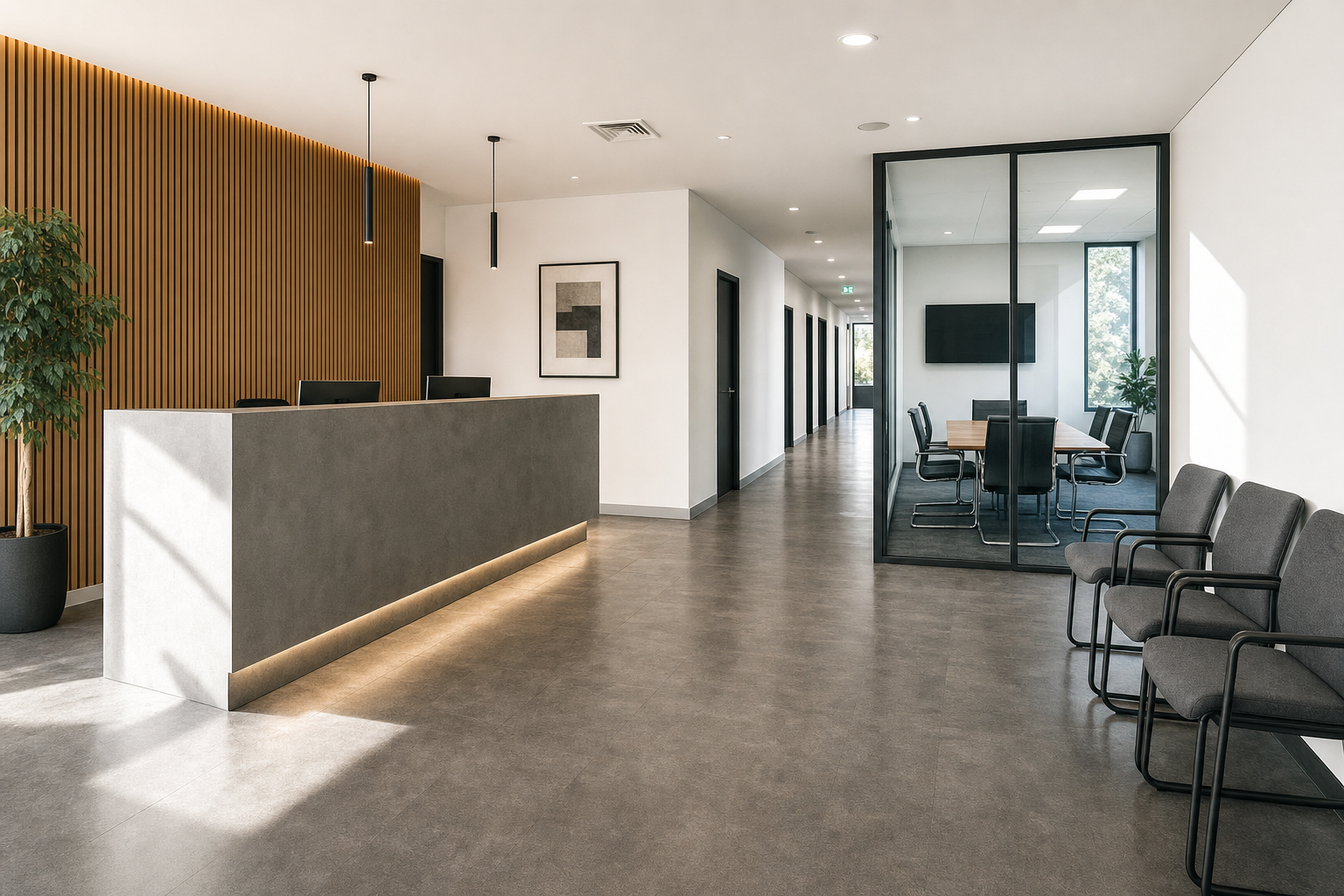Modern office lobby with a sleek reception desk, seating area, and glass-walled meeting room.