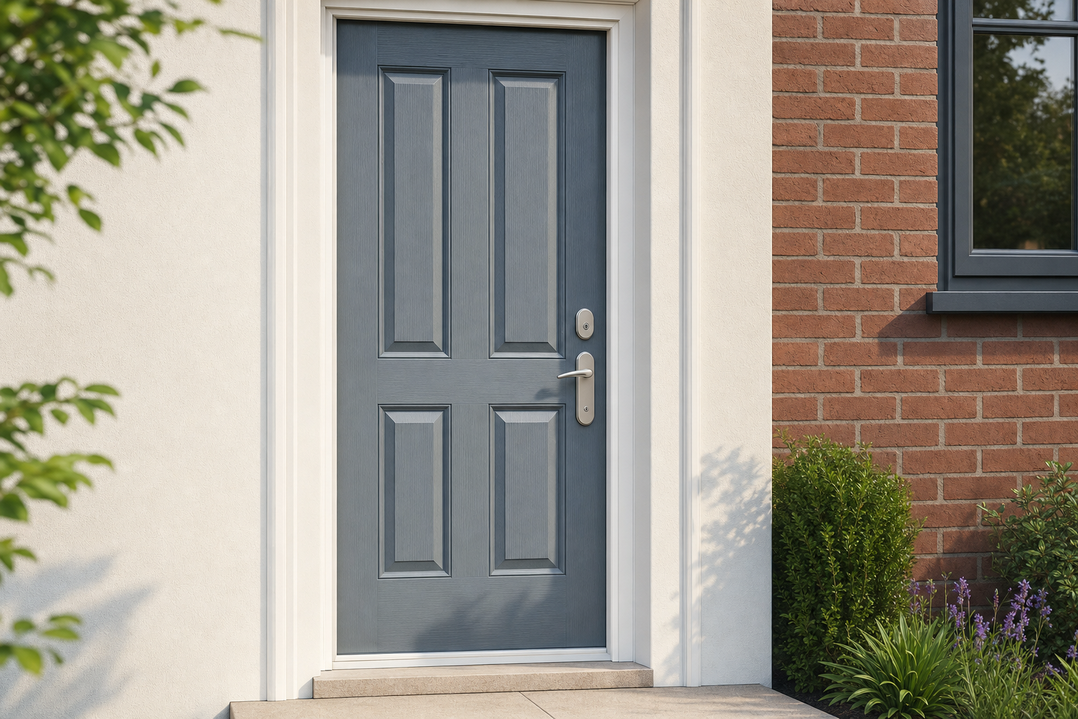 A blue front door with a silver handle on a brick house surrounded by greenery.