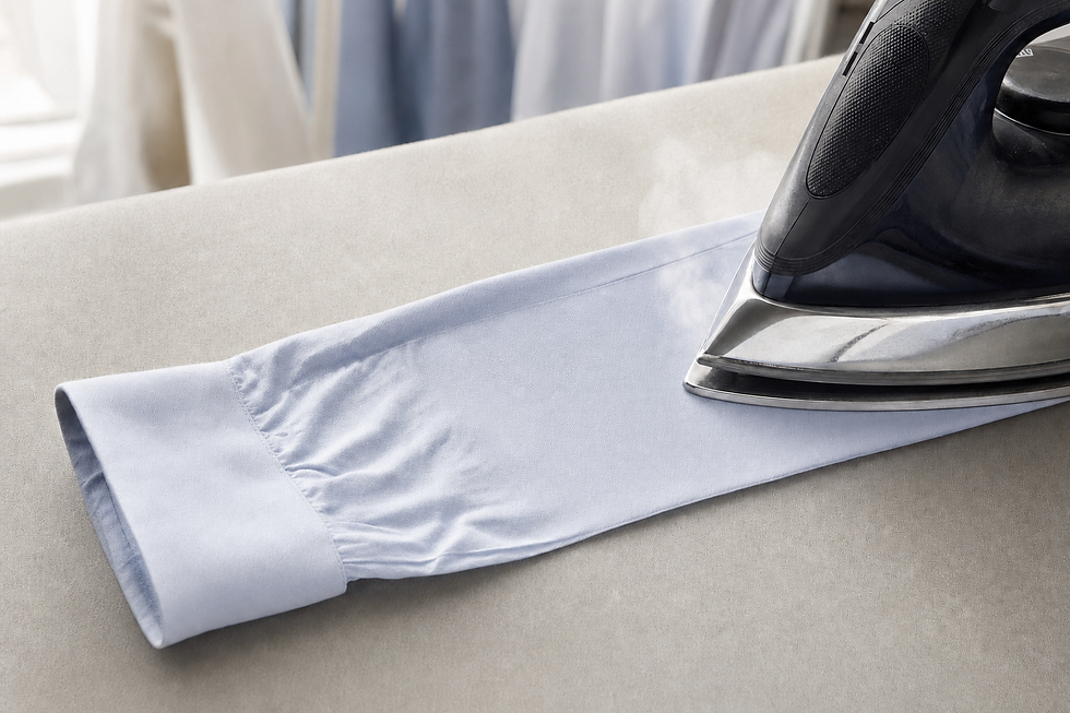 Ironing a light blue shirt sleeve on an ironing board with steam visibly rising.