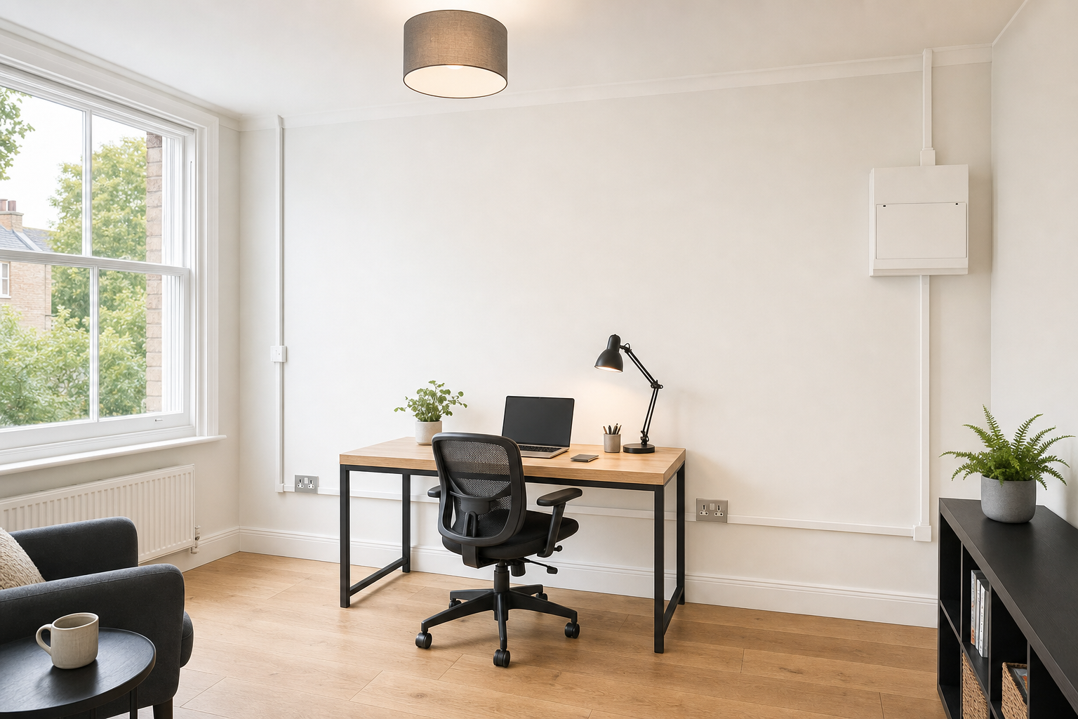 Modern home office with a wooden desk, chair, laptop, and a lamp near a large window.
