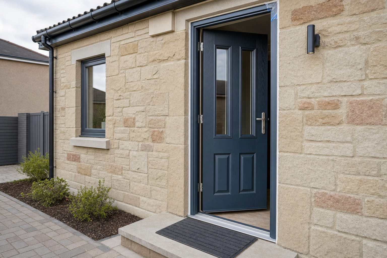 A modern blue door slightly ajar in a stone brick building with a small garden and paved path.