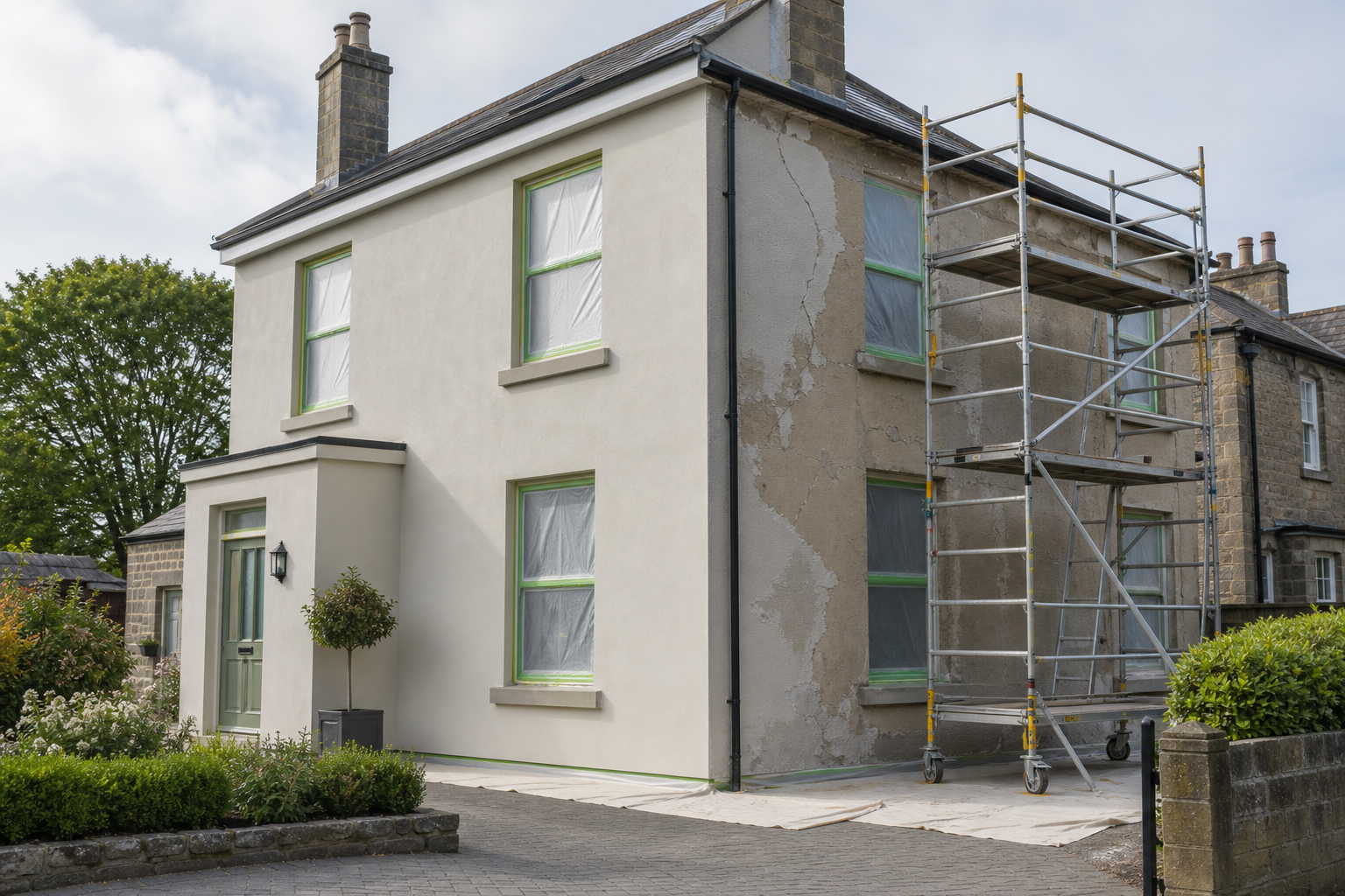 A two-storey house with scaffolding on one side undergoing exterior plaster repairs.
