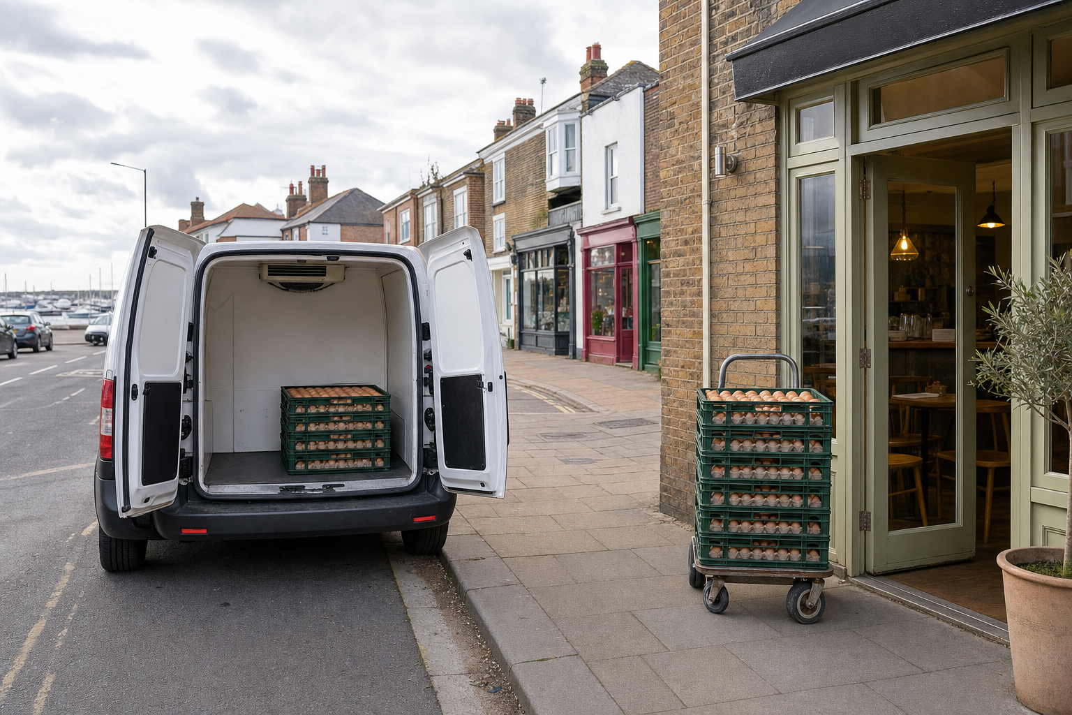 Delivery van with open doors unloading trays of eggs onto a trolley outside a shop on a quiet street.