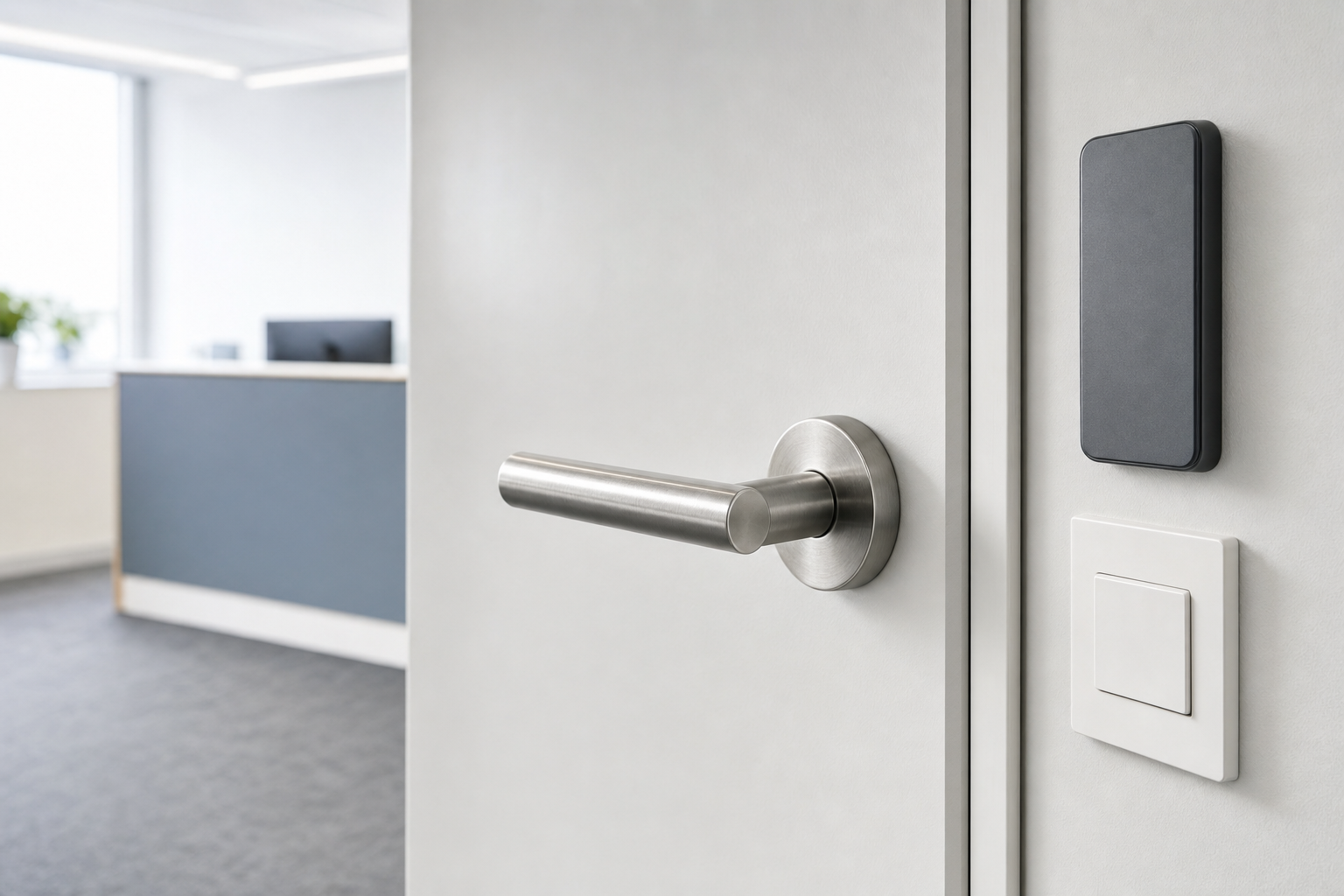 Modern office door with a stainless steel handle, card reader, and light switch visible on a light grey background.