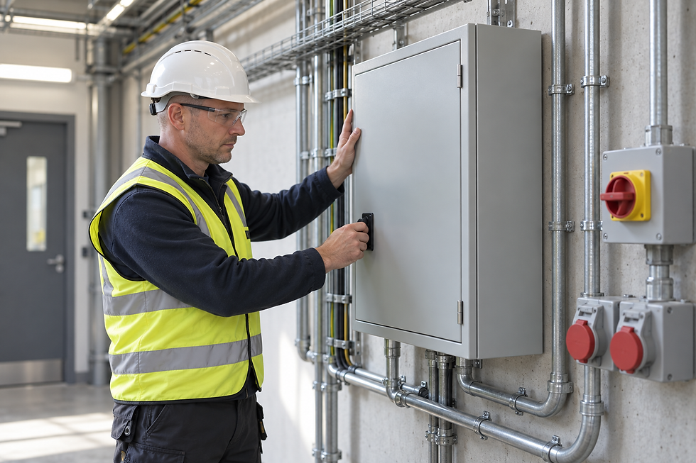 Engineer in a hard hat and high-visibility vest inspecting an electrical panel.