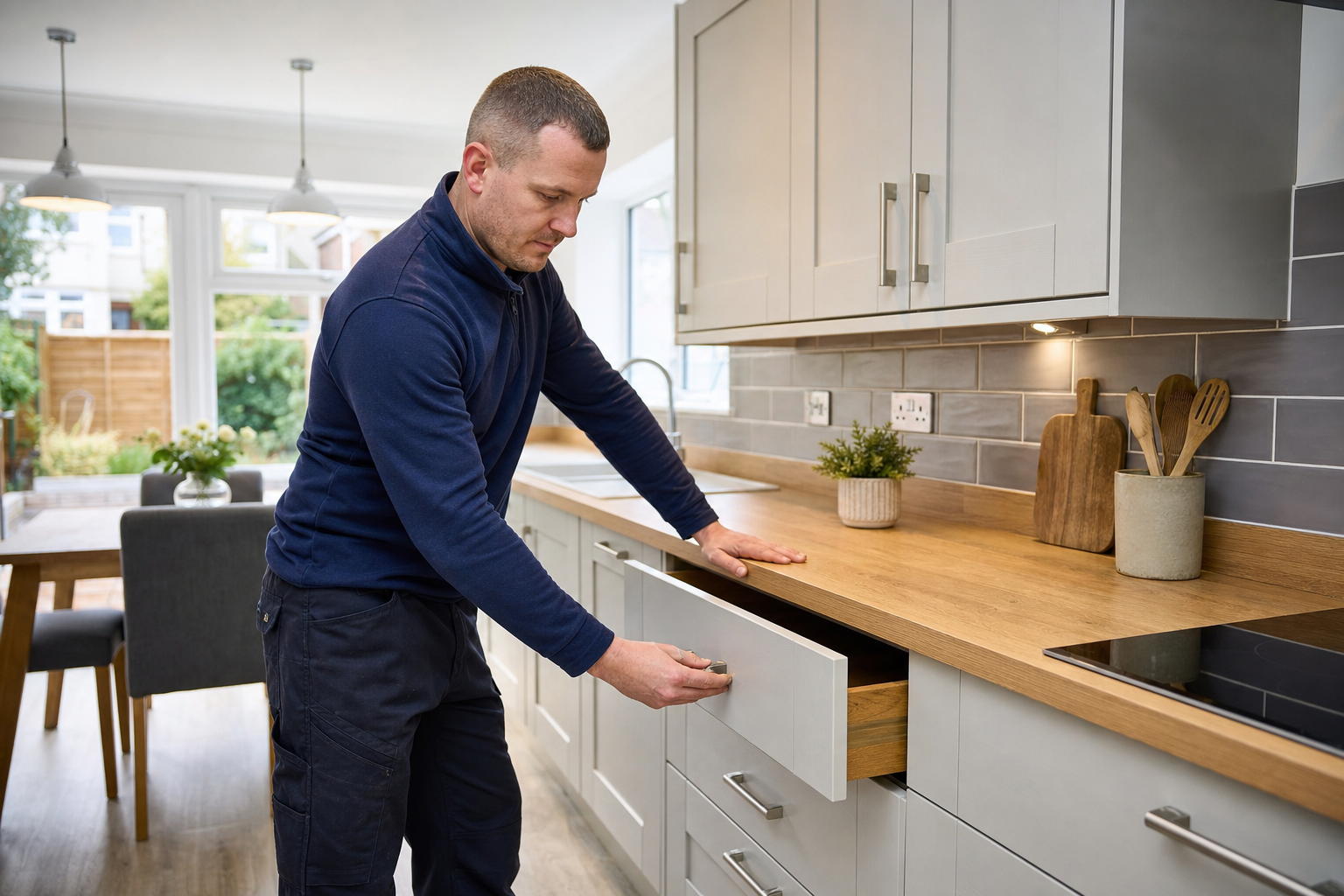 Male contractor in navy workwear checking smooth alignment on fitted grey cabinet drawers.