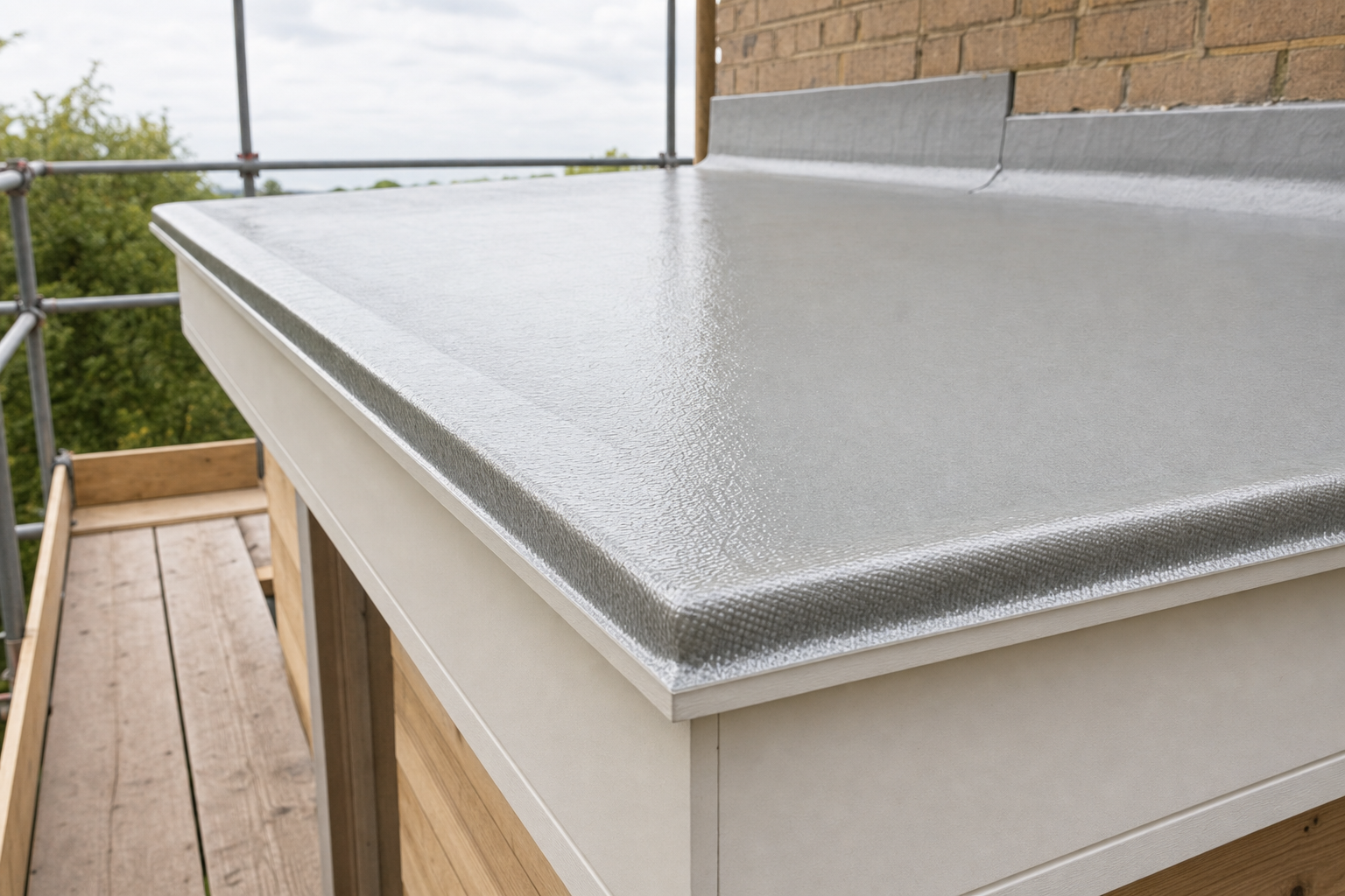 Flat grey fibreglass roof with a smooth finish, surrounded by scaffolding and brick wall.