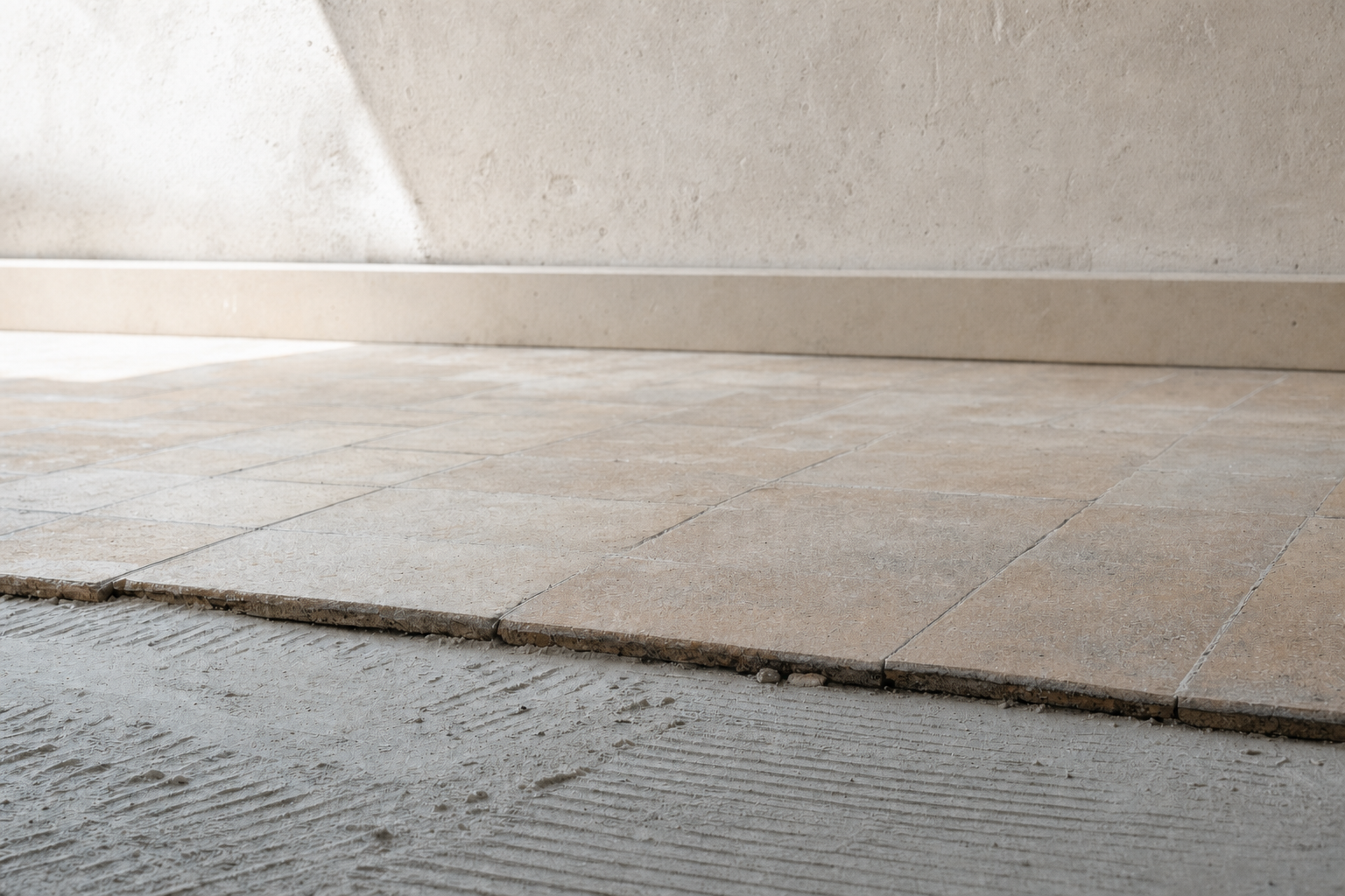 Close-up of beige floor tiles being installed, showing grout lines on a slightly uneven concrete surface.