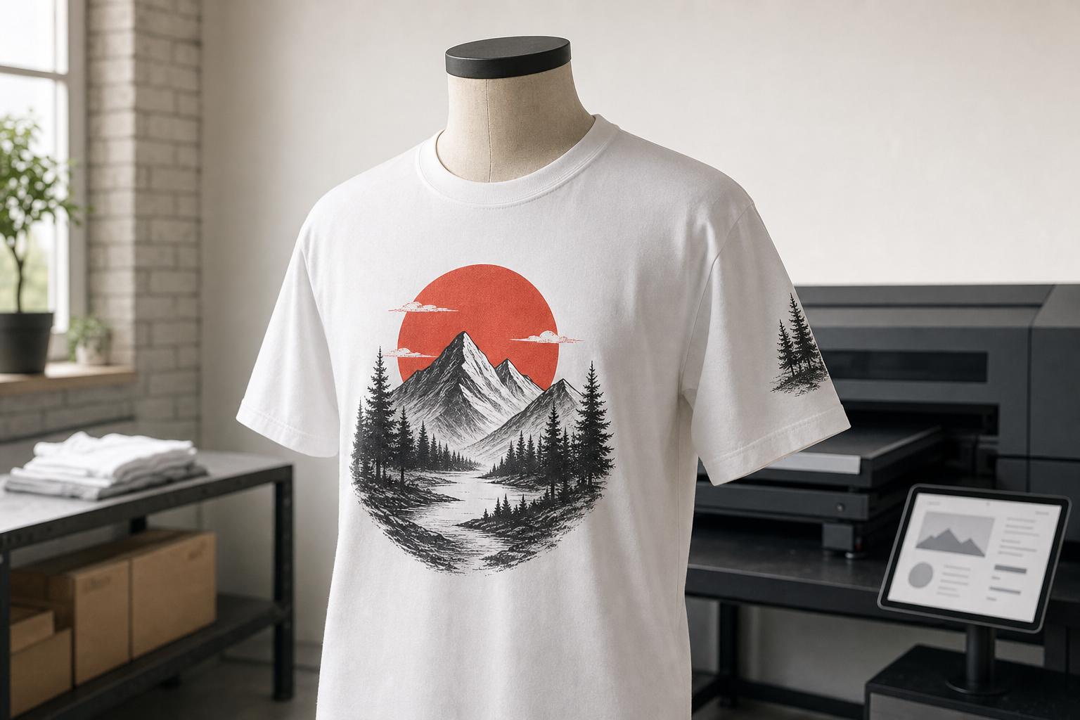 White T-shirt featuring a mountain and forest design with a red sun, displayed on a mannequin in a cosy room.