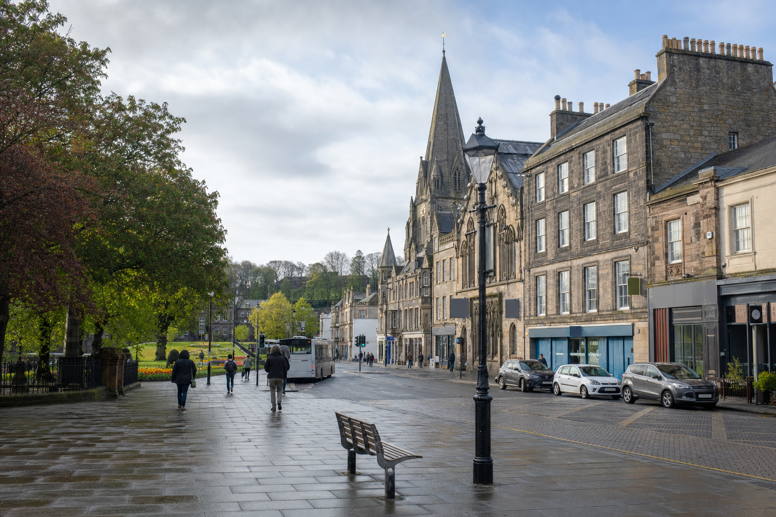 A street scene with historic buildings, parked cars, and people walking on a wet pavement under a cloudy sky.