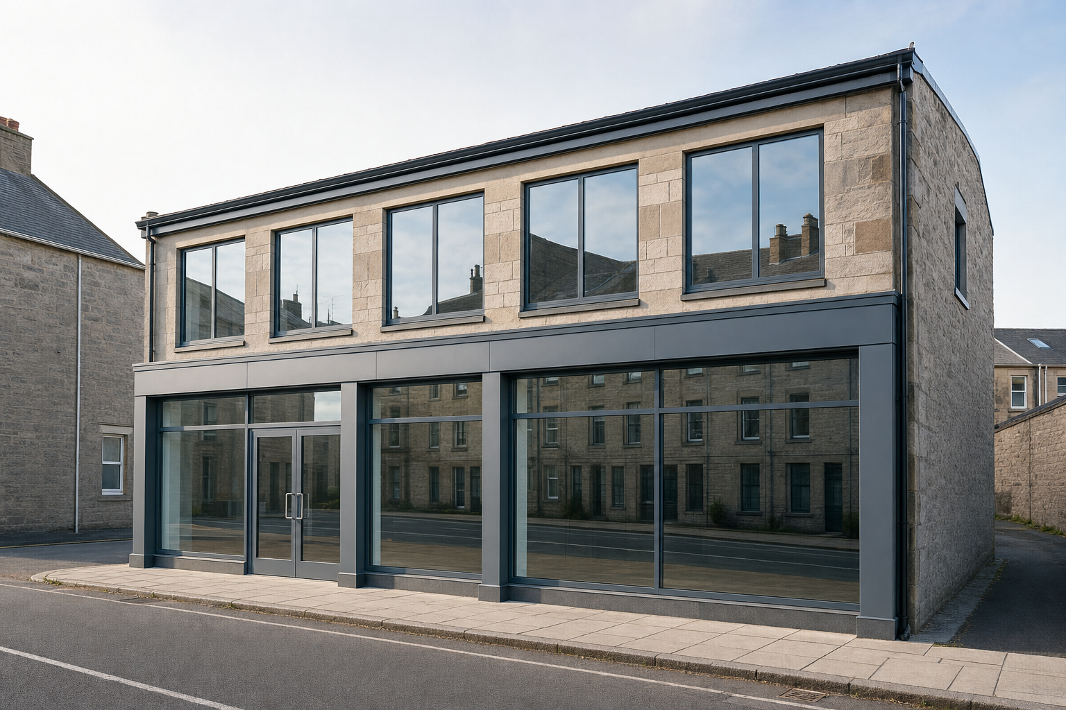 Modern two-storey stone building with large glass windows on a quiet street.
