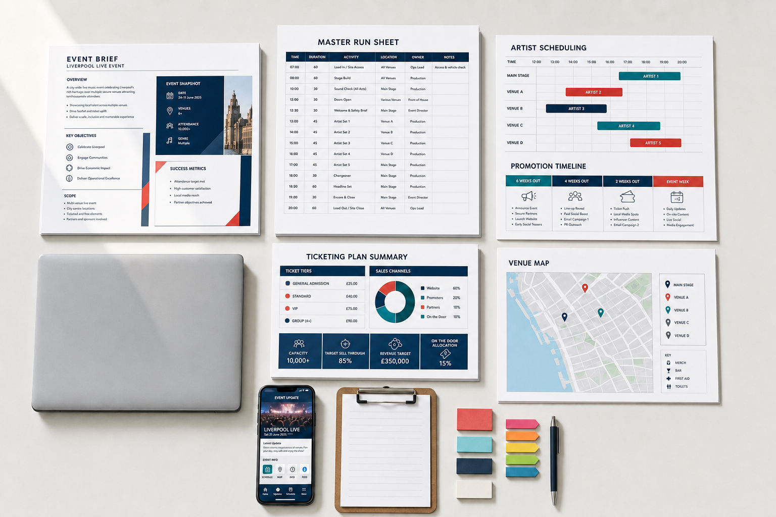 Collection of event planning documents and tools, including schedules, maps, and a smartphone displaying event details.