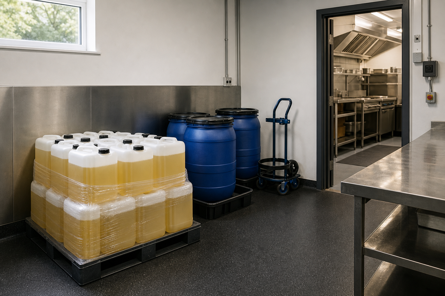 Stacked oil containers and large blue barrels in an industrial kitchen storage area.