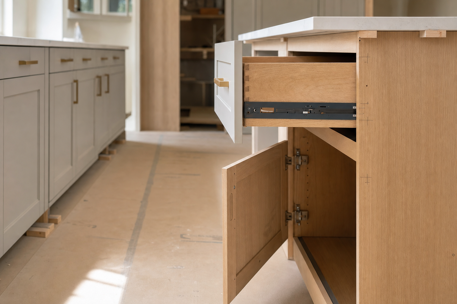 Close-up of open oak cabinet door and smooth-glide drawer with dovetail joinery.