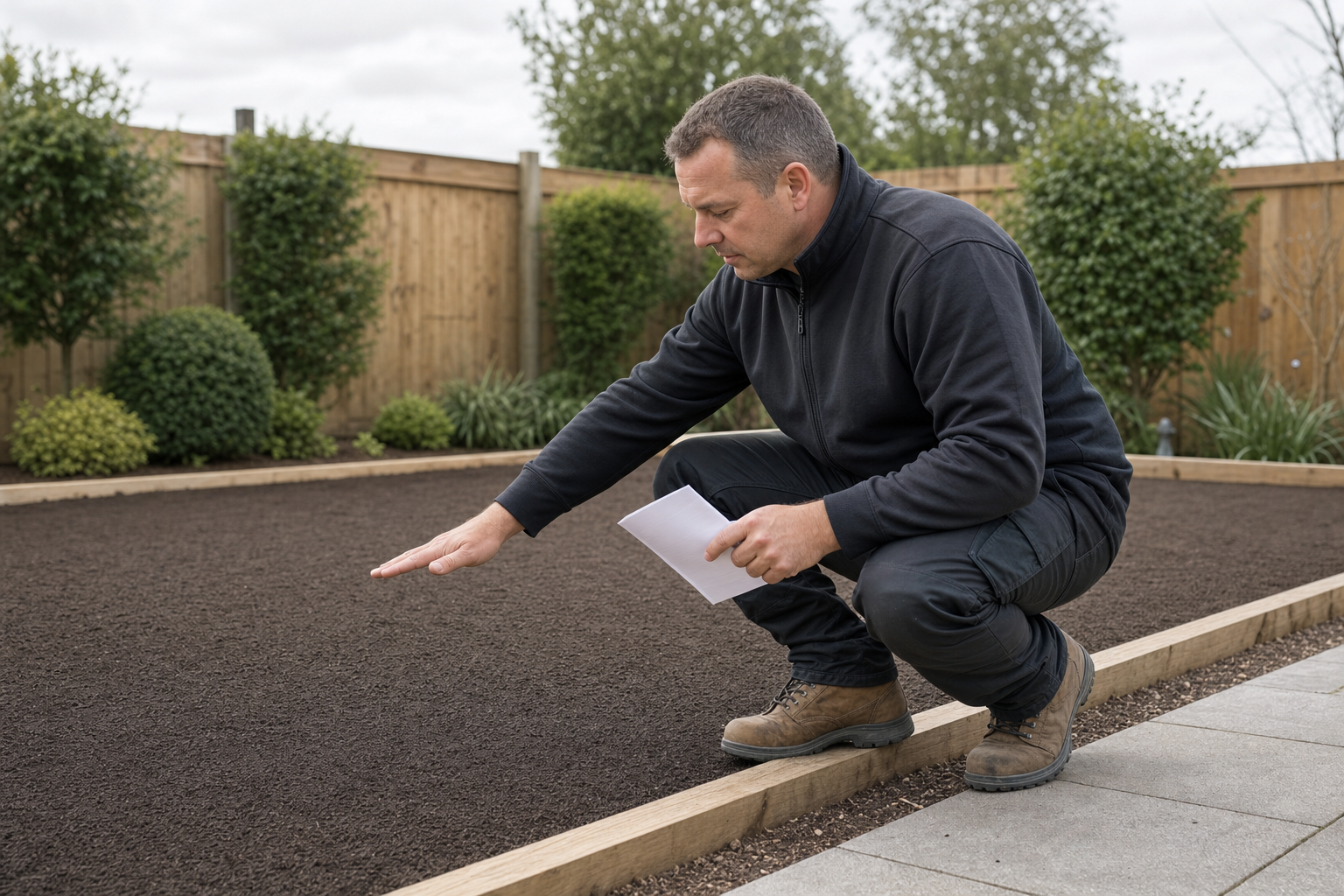 A man in work boots inspects freshly prepared soil in a garden surrounded by wooden fencing and shrubs.