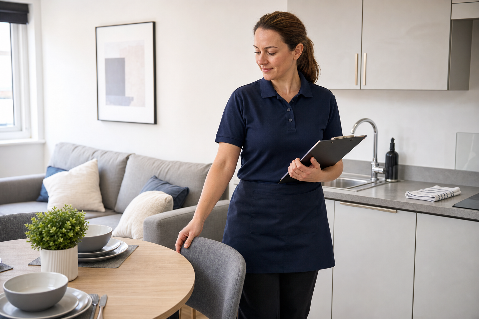 A woman in a navy uniform holding a clipboard stands in a modern kitchen with a set dining table.