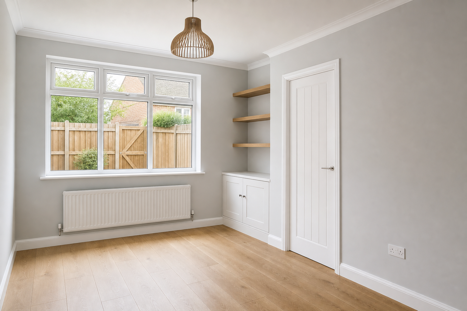 Empty room with wooden flooring, grey walls, a white door, built-in shelves, and a large window overlooking a garden fence.
