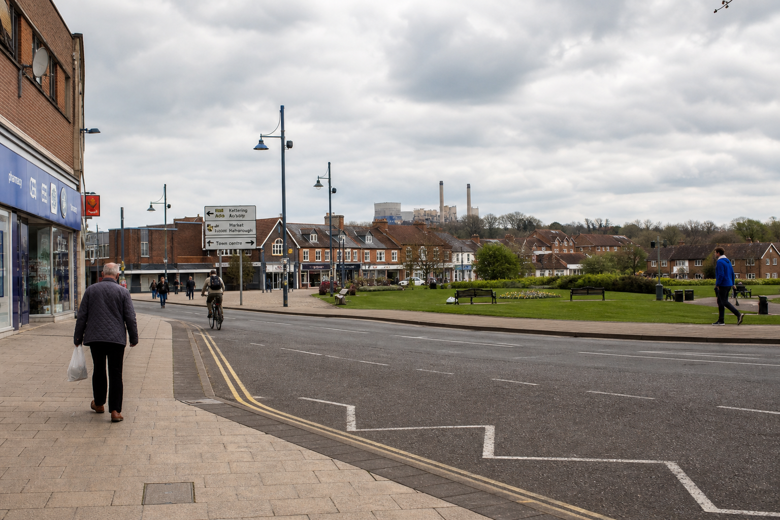 A cyclist and pedestrians on a street near shops with green space and an industrial building in the background under cloudy skies.