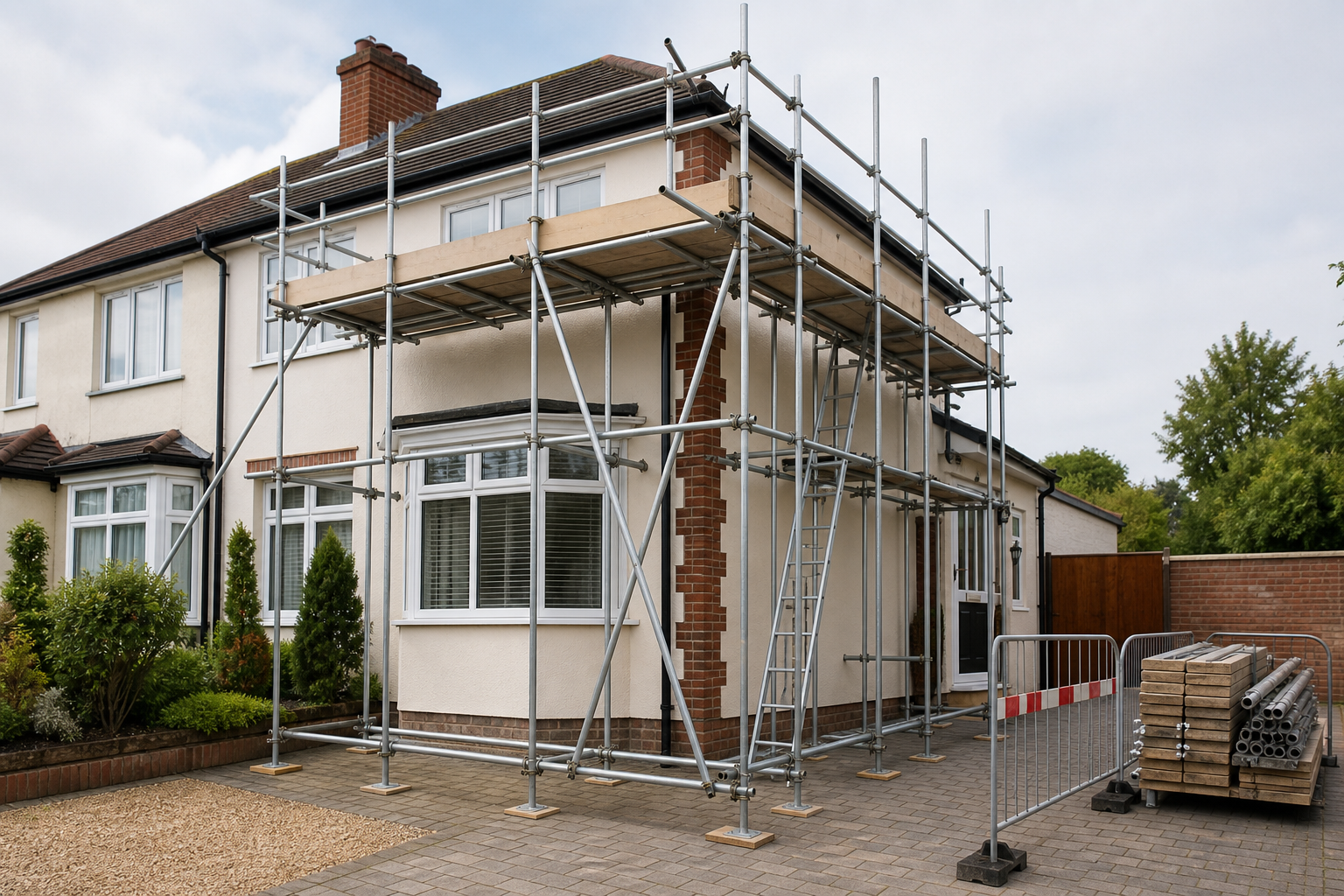 Scaffolding set up around a two-story residential house for renovations.