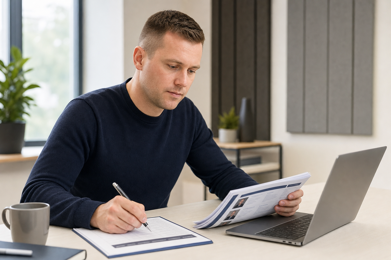 Man in a blue jumper working at a desk with a laptop, reading documents and taking notes, with a mug nearby.