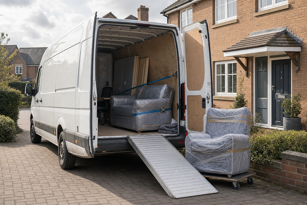 A removal van parked outside a house, with furniture wrapped in protective materials being loaded.