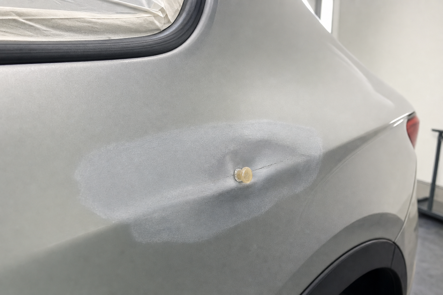 A car door with a prominent dent undergoing repair, with a small tool attached for dent removal.