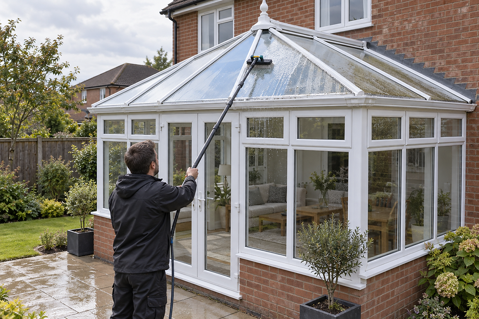 Person cleaning the glass roof of a conservatory with an extendable brush on a cloudy day.