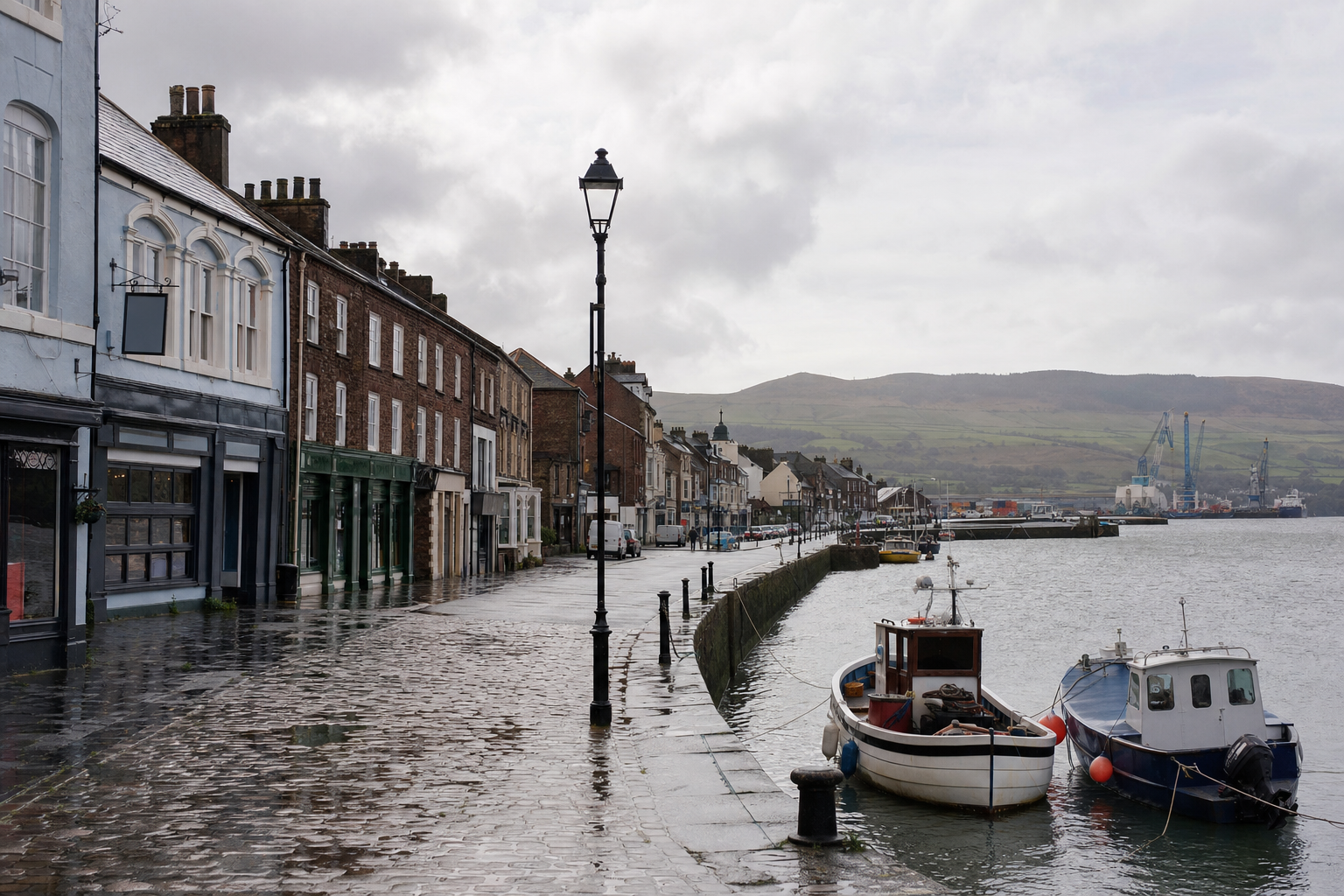 A cobbled street along a river with moored boats, lined with historic buildings under a cloudy sky.