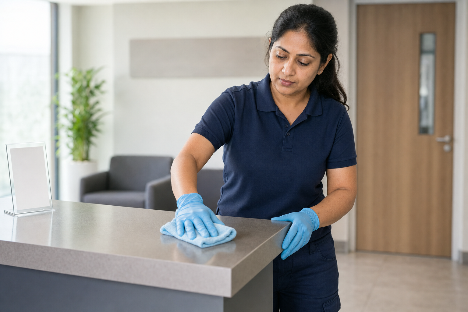 A woman wearing blue gloves cleans a surface in a modern office environment.