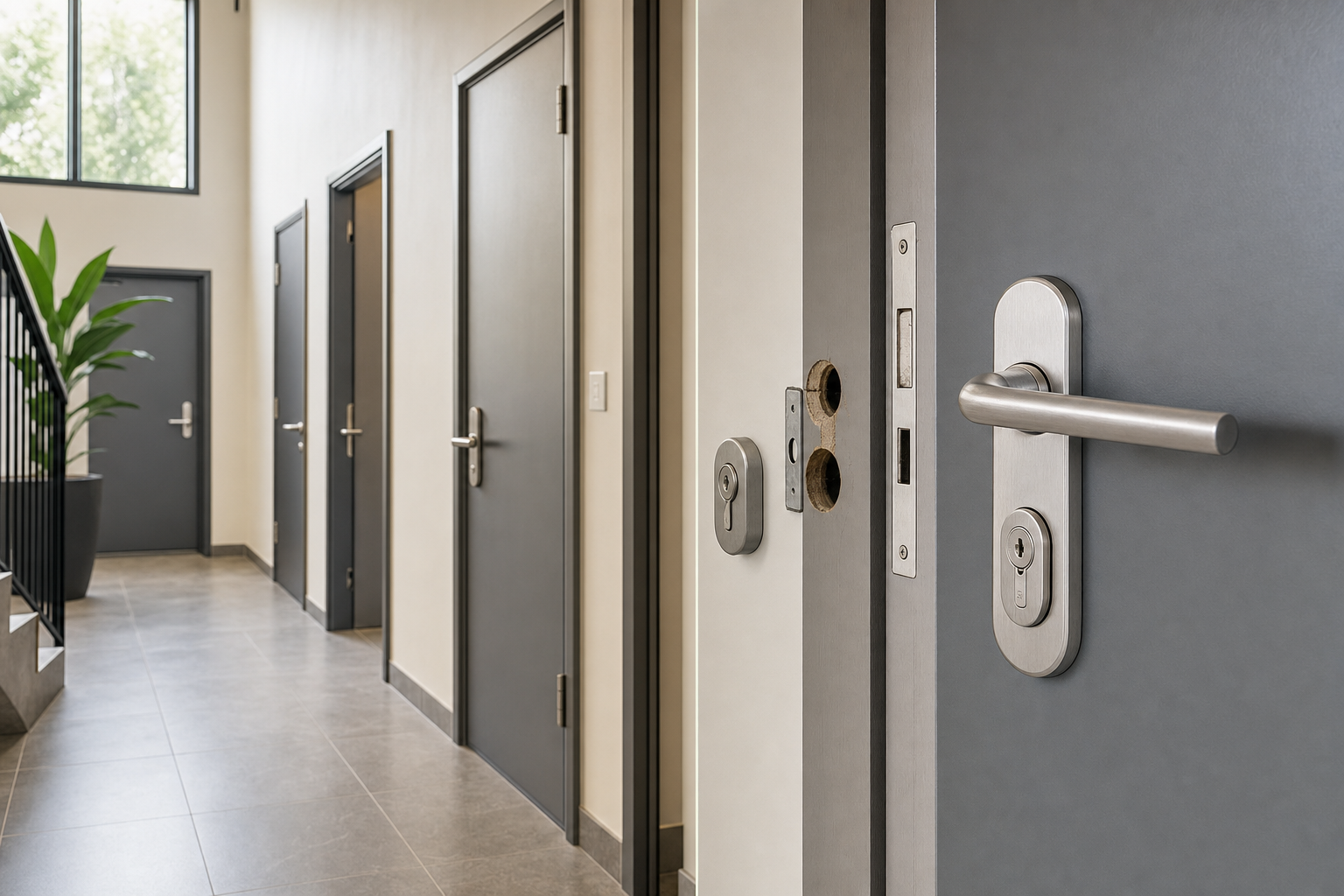 Hallway with several modern grey doors and a staircase, featuring a close-up of a door handle on the right.