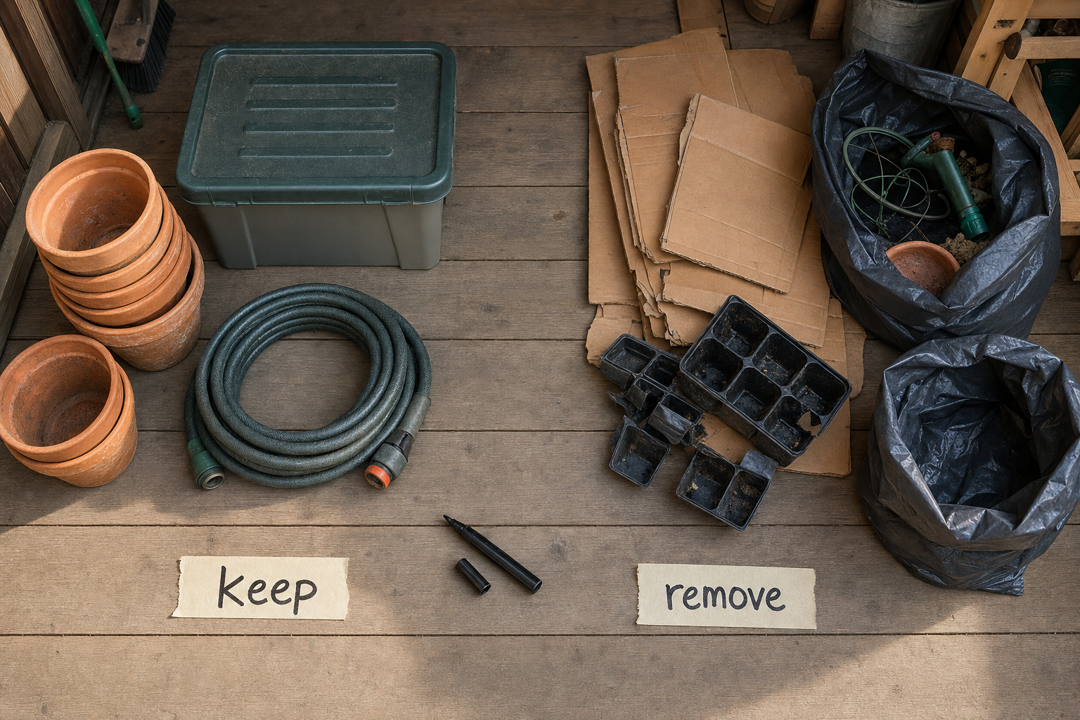 A shed floor with gardening supplies labelled "keep" on the left and "remove" on the right.