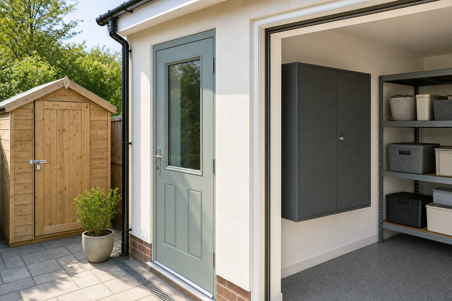 Modern garden building with a mint-coloured door, open to reveal organised shelving, next to a wooden storage shed.