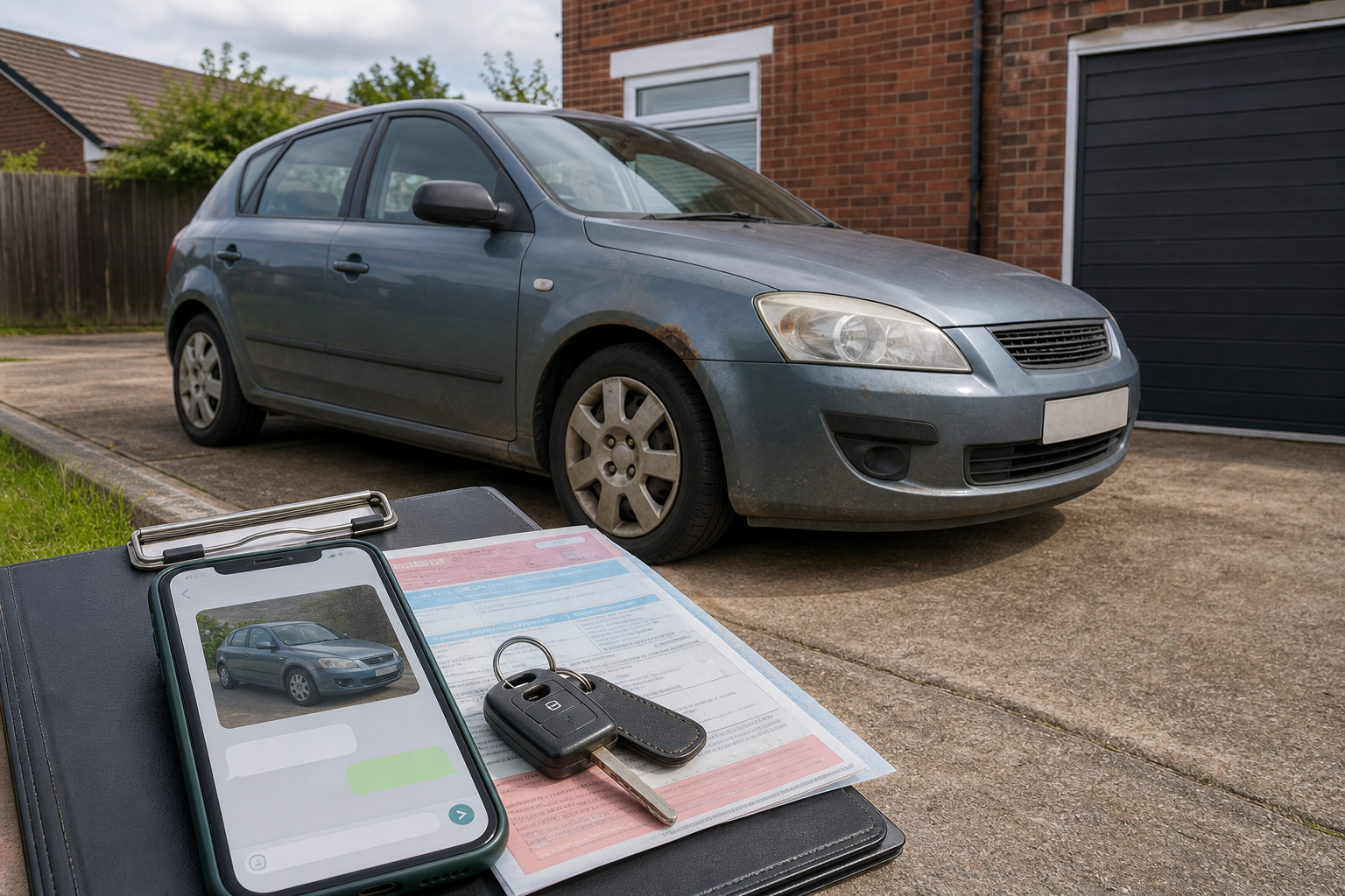 A parked car is in the driveway, with keys, paperwork, and a smartphone displaying the car's photo in the foreground.