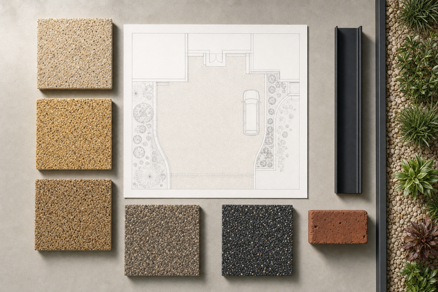 Driveway plan surrounded by various paving samples and a strip of succulent plants.