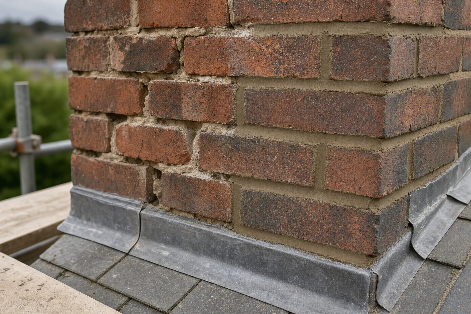 Close-up of a brick chimney with metal flashing on a tiled roof, showing signs of wear and ageing mortar.