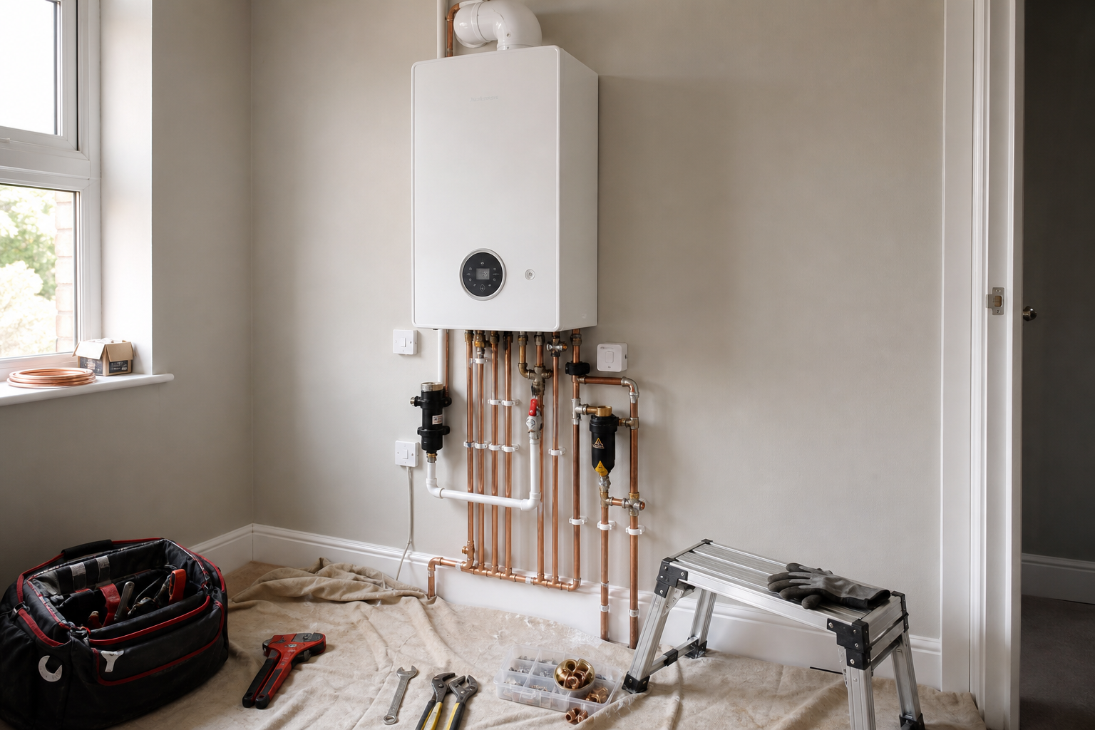 Wall-mounted boiler installation with tools, copper pipes, and a step ladder in a room.
